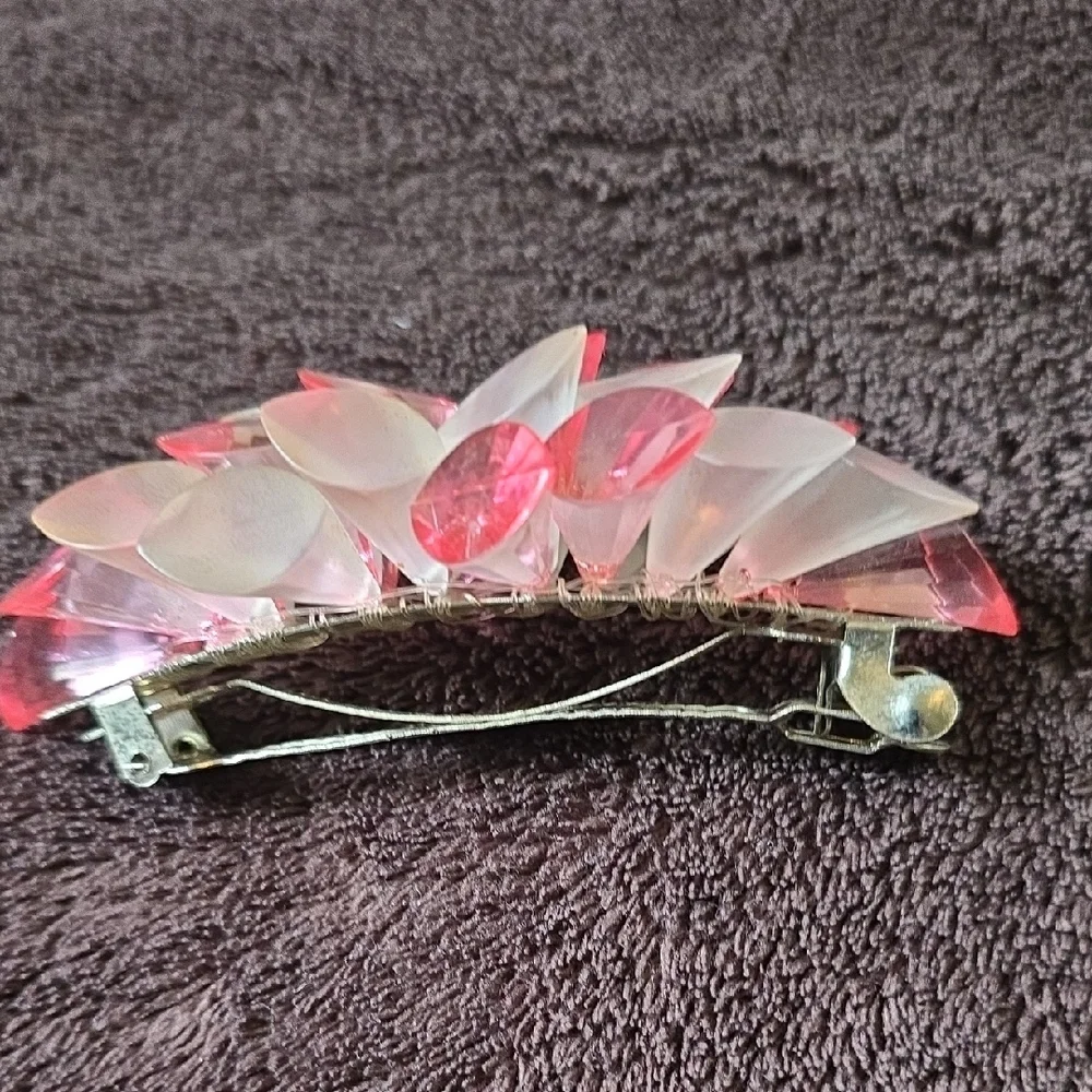 Vintage Floral Lucite/acrylic Hair Barrette — Pink & Iridescent